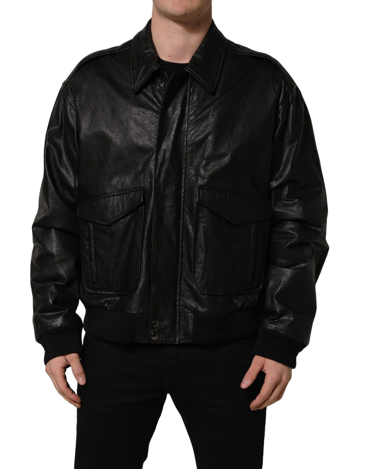 Dolce & Gabbana black leather men's biker jacket with full zip and stylish design.