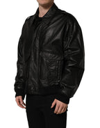 Dolce & Gabbana black leather full-zip men's biker jacket with silver hardware and classic collar, stylish and edgy.