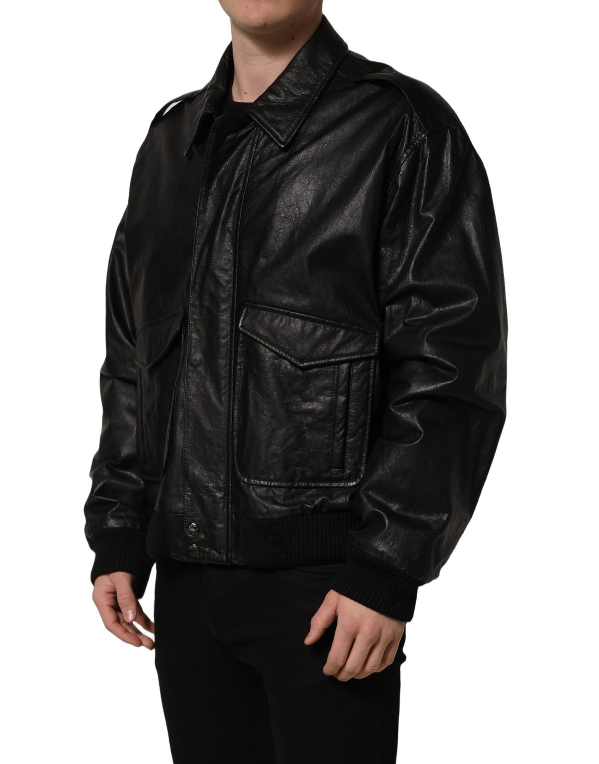 Dolce & Gabbana black leather full-zip men's biker jacket with silver hardware and classic collar, stylish and edgy.