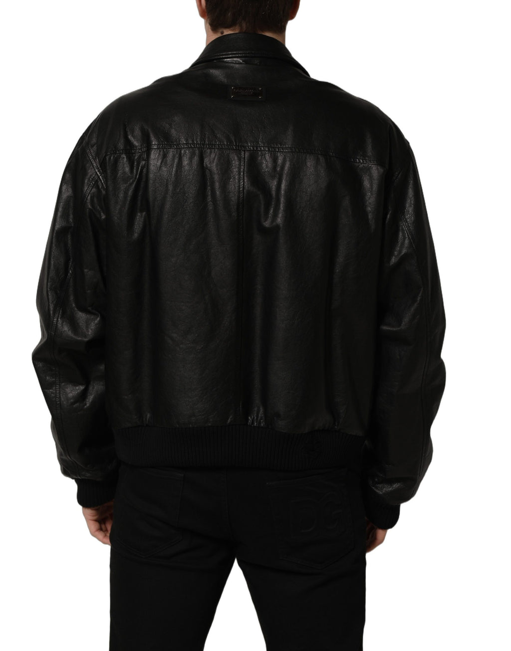 Black leather men's biker jacket by Dolce & Gabbana with full front zip and classic biker style.