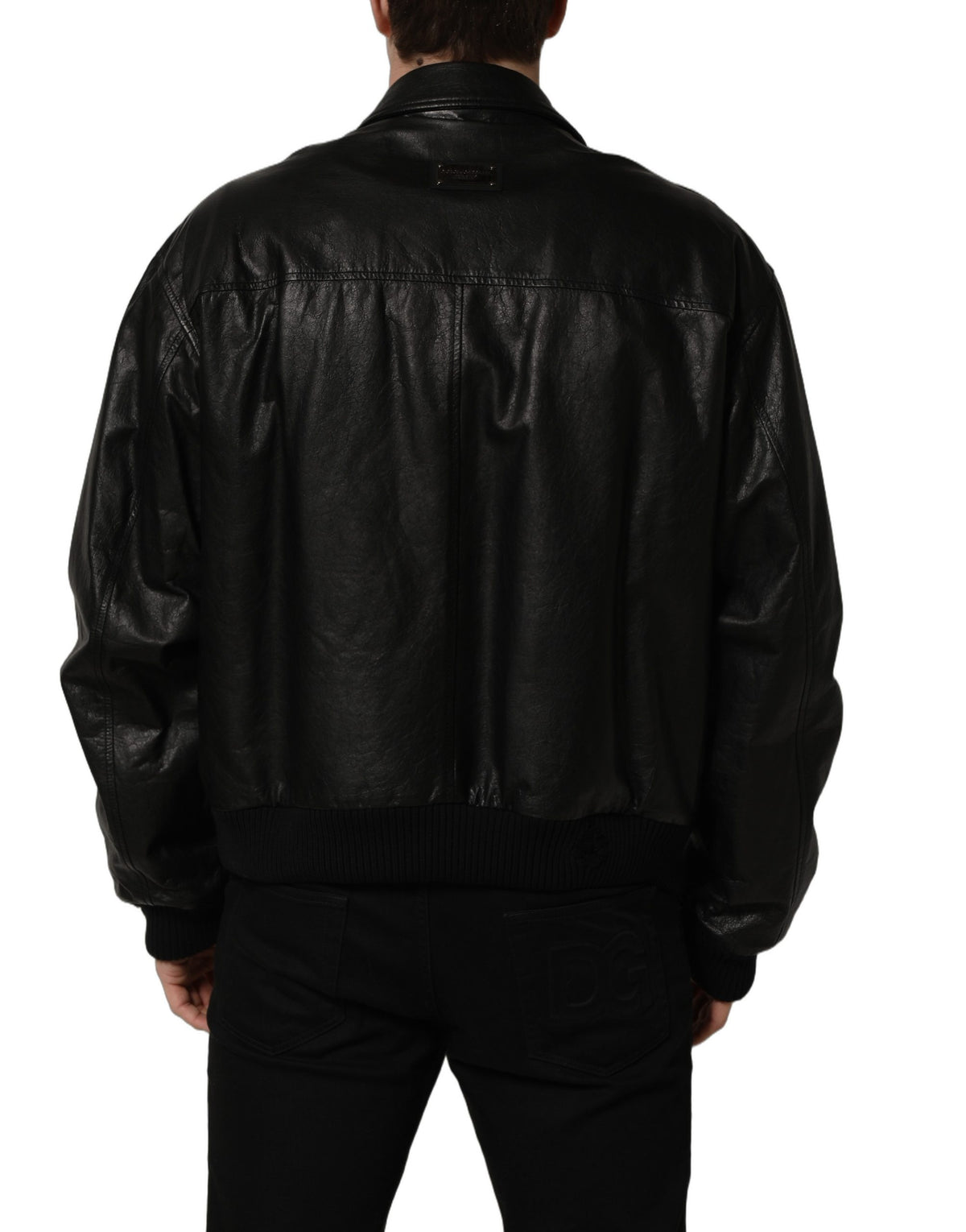 Black leather men's biker jacket by Dolce & Gabbana with full front zip and classic biker style.