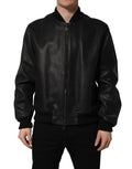 Black leather Dolce & Gabbana men's biker jacket with full zip and stylish design, shown on a hanger.