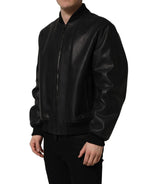Dolce & Gabbana black leather full zip men's biker jacket with silver hardware and classic style.