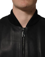 Dolce & Gabbana black leather full-zip men's biker jacket with silver hardware and classic style.