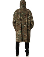 Dolce & Gabbana multicolor camouflage hooded coat jacket with front zipper and drawstring hood, stylish outerwear for cold weather.