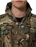 Dolce & Gabbana multicolor camouflage hooded coat jacket displayed on a hanger with a zip front and relaxed fit.