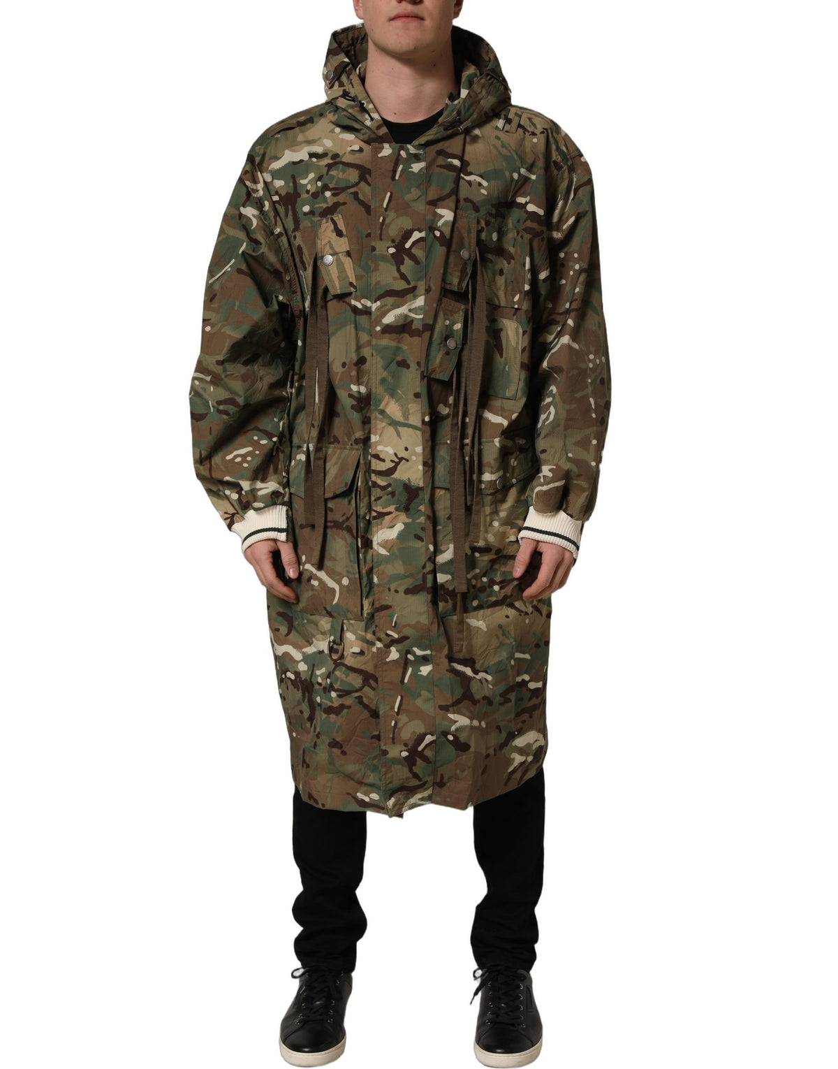 Dolce & Gabbana multicolor camouflage hooded coat jacket with front zipper and relaxed fit, stylish outerwear for cold weather.