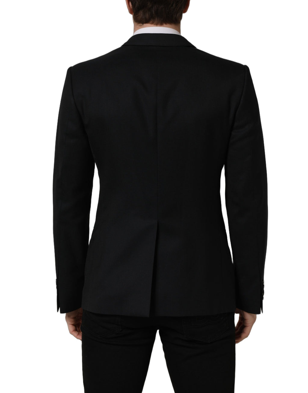 Dark blue Dolce & Gabbana wool single-breasted blazer jacket with notch lapels and tailored fit, displayed on a neutral background.