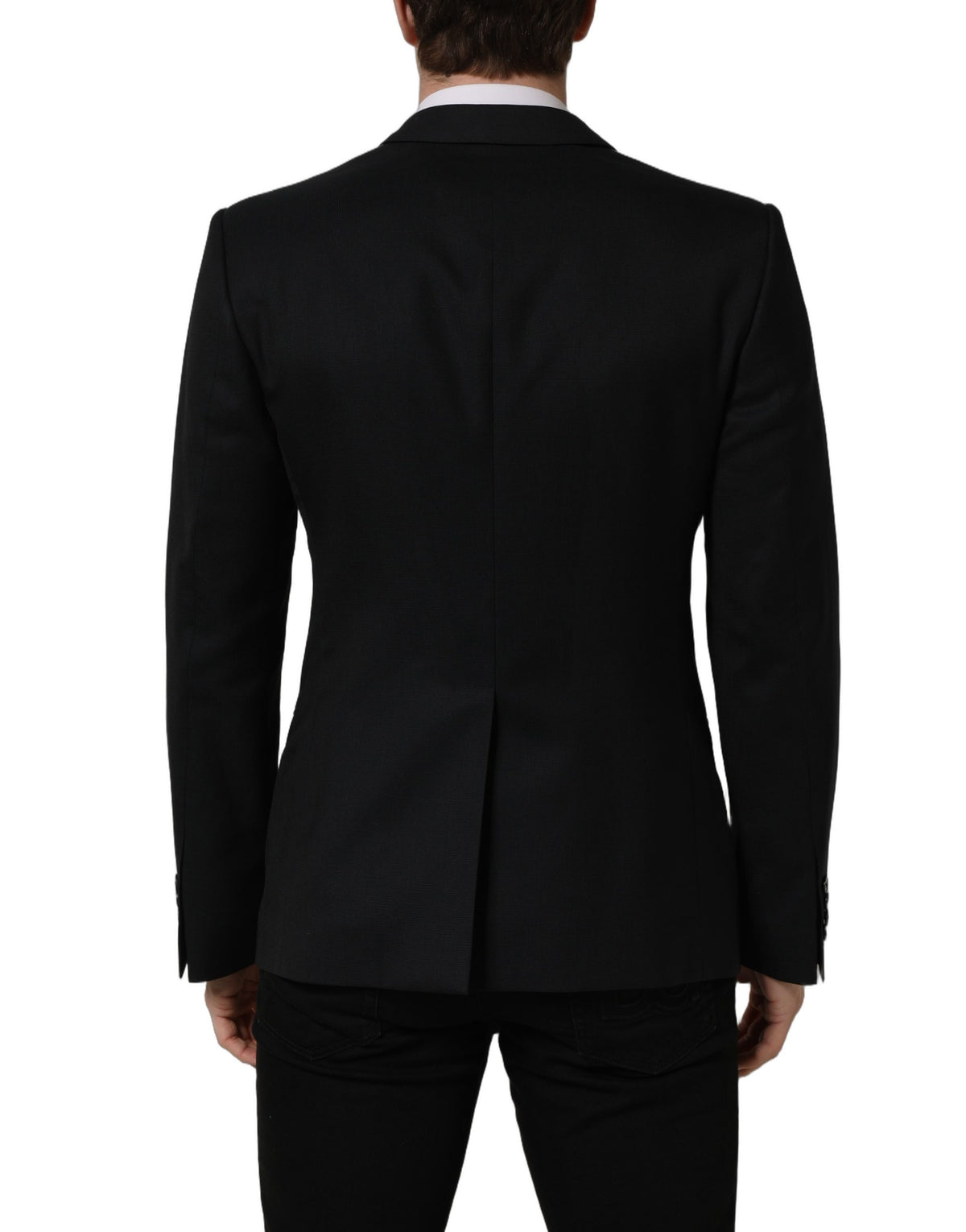 Dark blue Dolce & Gabbana wool single-breasted blazer jacket with notch lapels and tailored fit, displayed on a neutral background.
