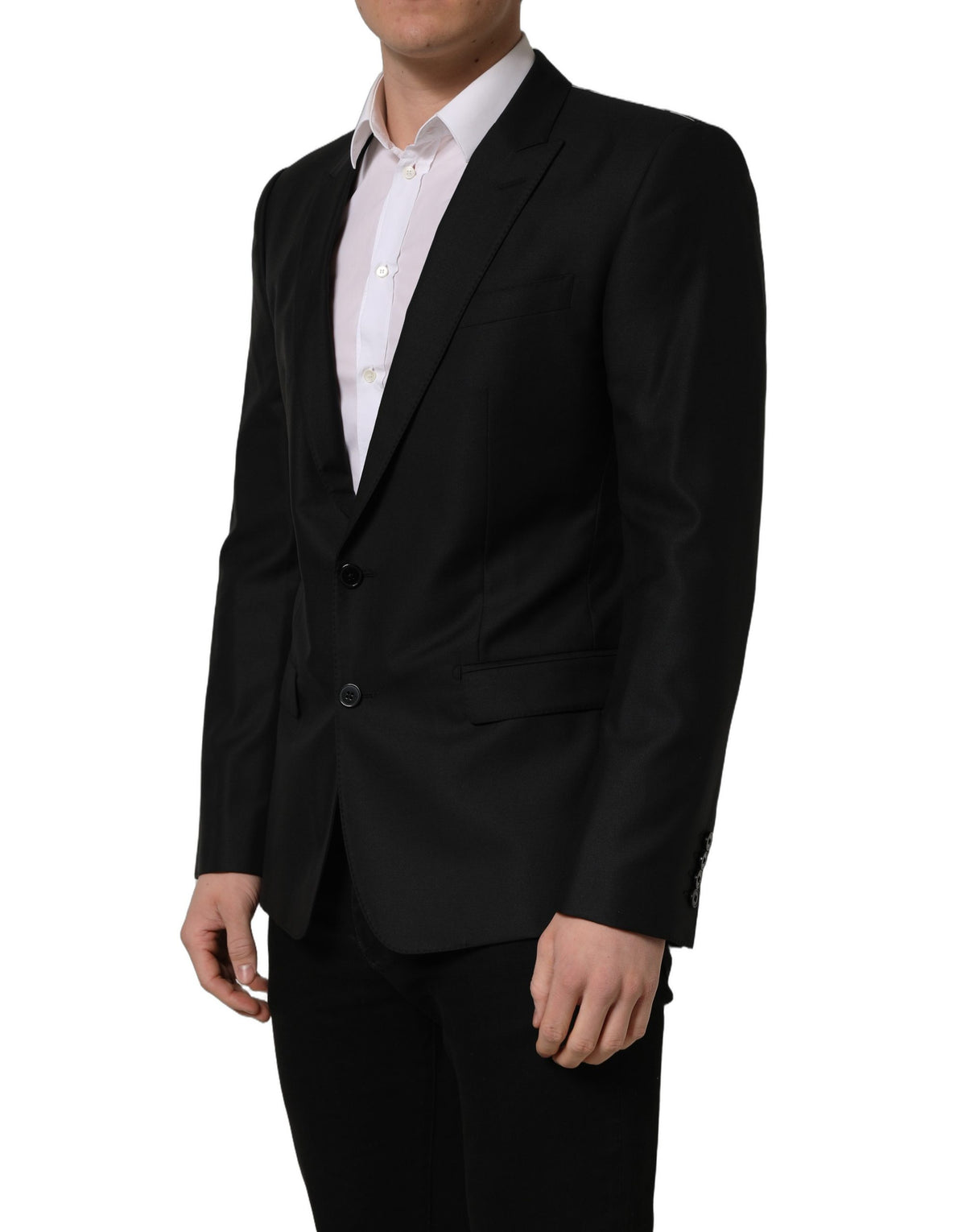 Dolce & Gabbana black wool single-breasted blazer jacket with notch lapel and tailored fit, shown on a model.