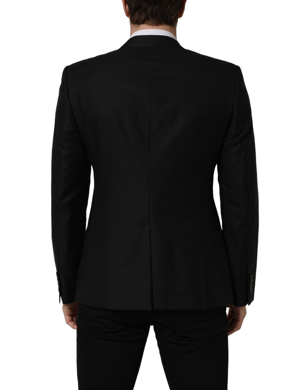Dolce & Gabbana black wool single-breasted blazer jacket displayed on a hanger, showcasing classic tailored design.