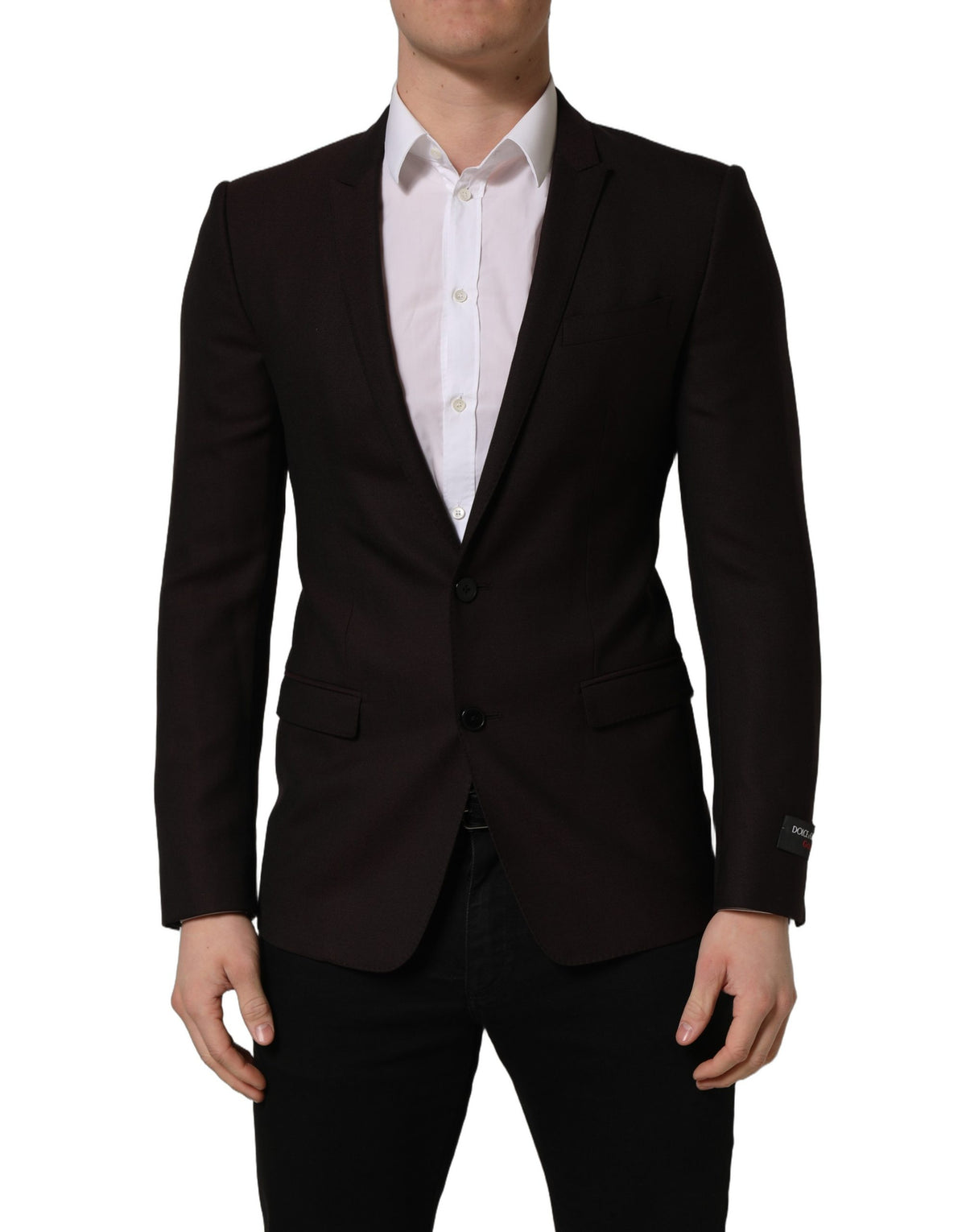 Brown wool Dolce & Gabbana men's single-breasted jacket with gold accents, tailored fit, and classic design.