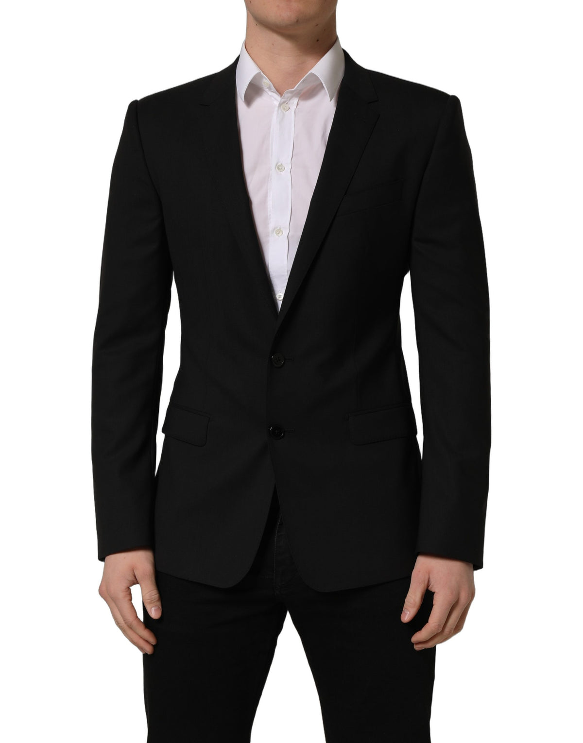 Dolce & Gabbana black wool blazer jacket with single-breasted design and notch lapels, tailored for a sophisticated look.