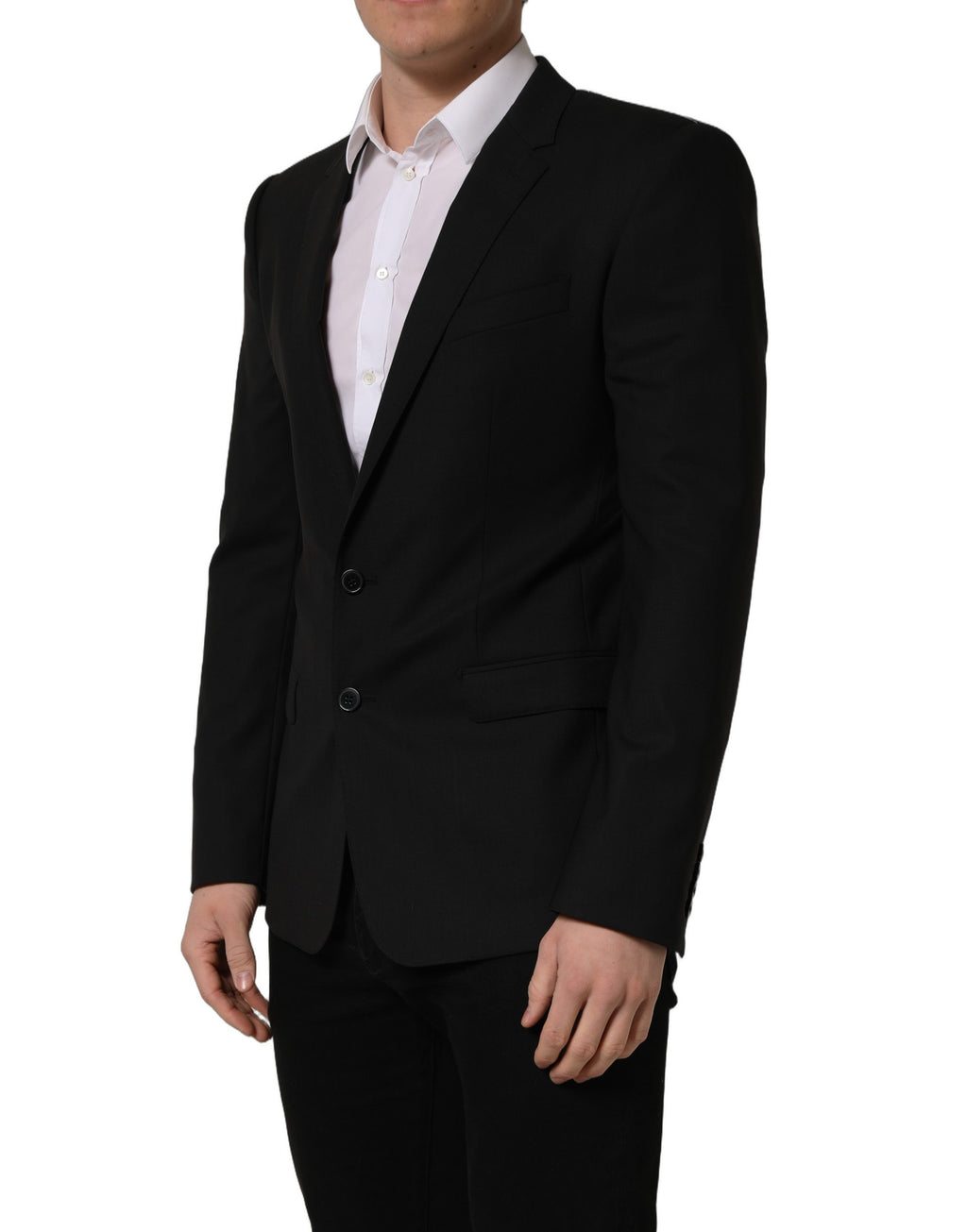 Dolce & Gabbana black wool single-breasted blazer jacket displayed on a hanger with a tailored fit and classic lapel design.