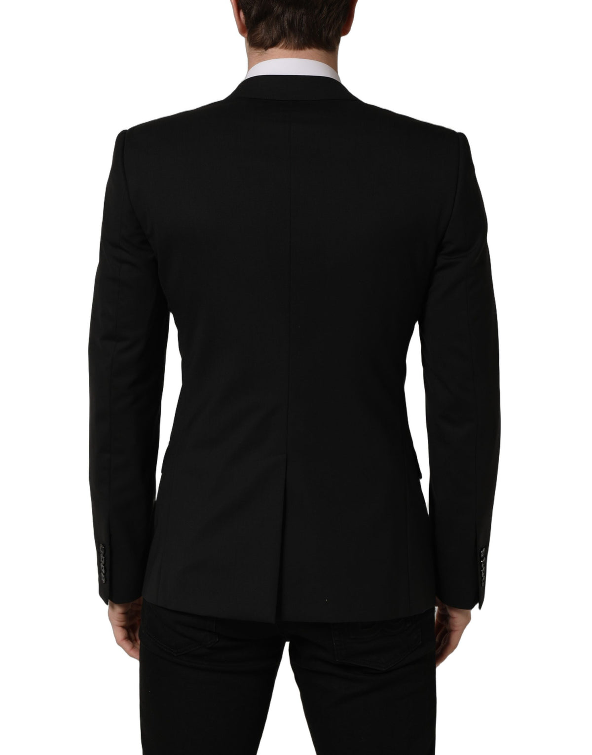 Dolce & Gabbana black wool single-breasted blazer jacket displayed on a hanger, showing its tailored fit and classic lapel design.