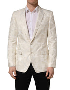 Dolce & Gabbana men's off-white floral single-breasted jacket with lapels and button closure, stylish and elegant for formal wear.
