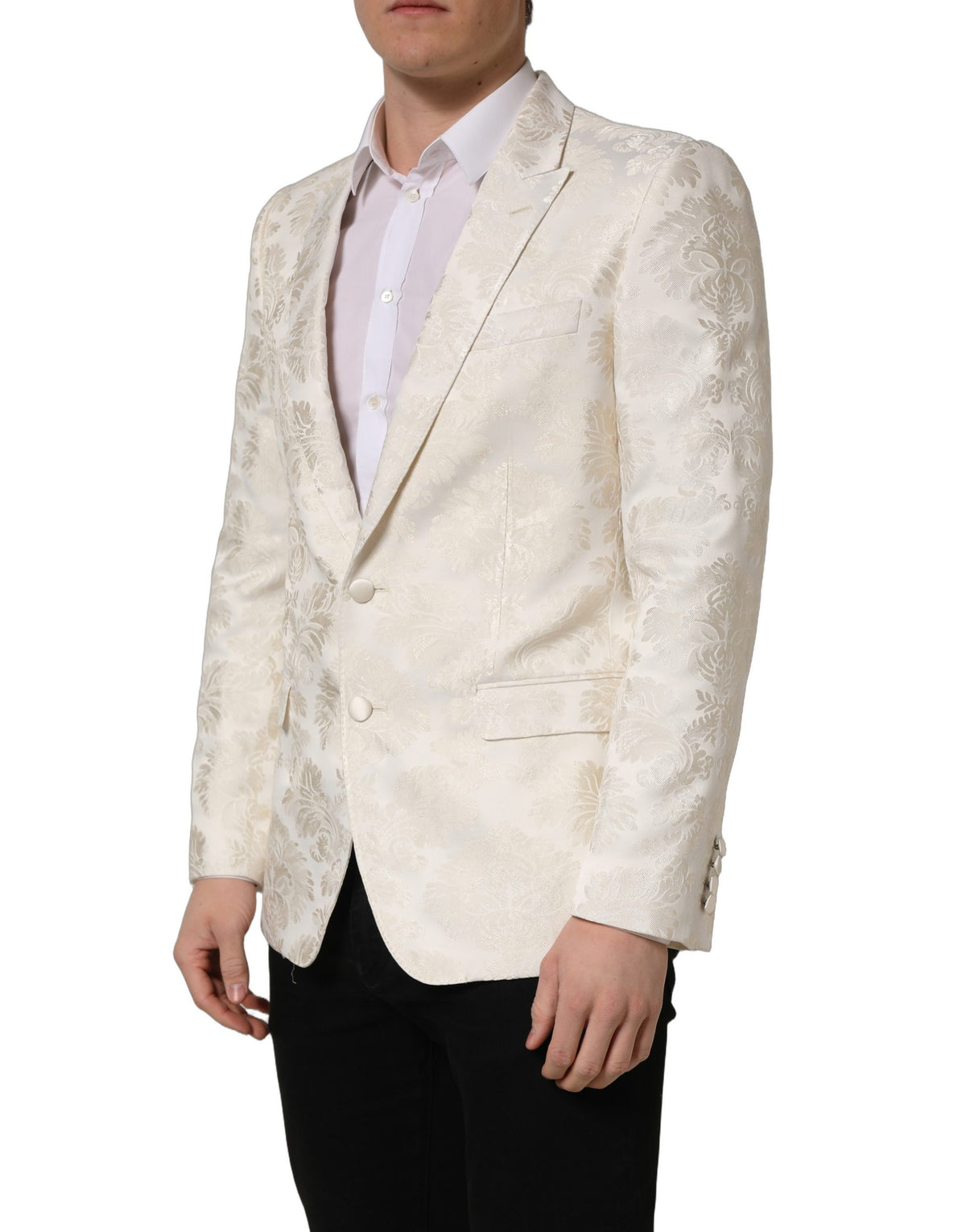 Dolce & Gabbana off-white floral single-breasted men's jacket with lapels and button closure, stylish and elegant design.