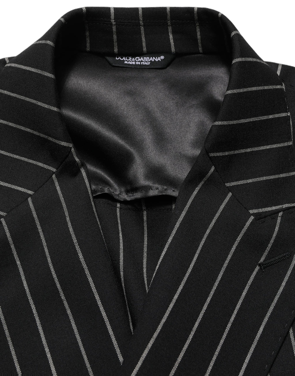 Dark gray wool double-breasted jacket with stripe pattern from Dolce & Gabbana, tailored fit with classic lapels and button details.
