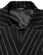 Dark gray wool double-breasted jacket with stripe pattern from Dolce & Gabbana, tailored fit with classic lapels and button details.