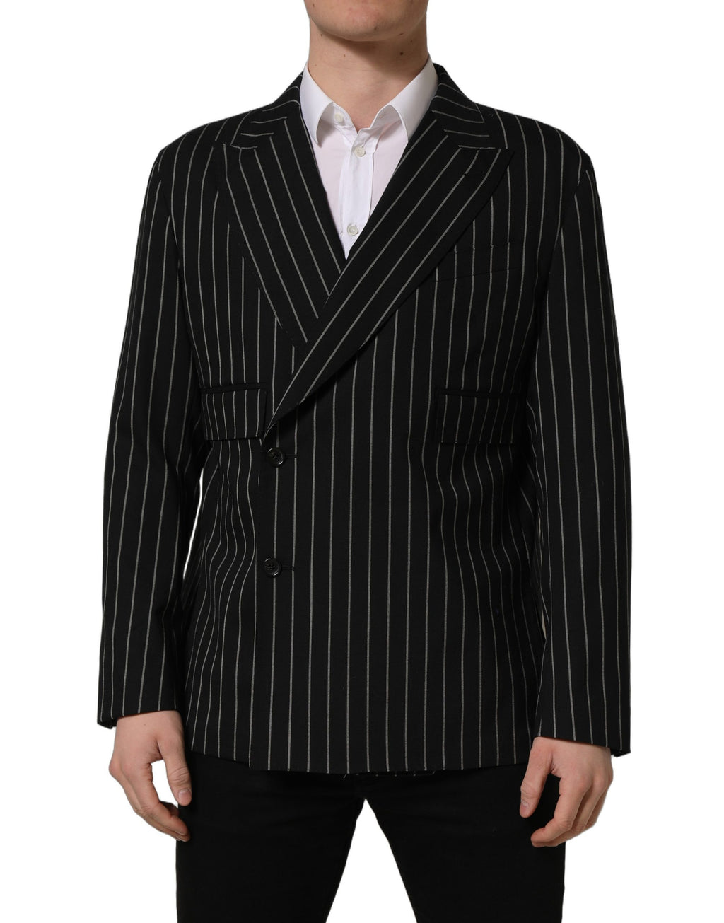 Dark gray Dolce & Gabbana wool double-breasted jacket with striped pattern, tailored fit, and classic lapel design.