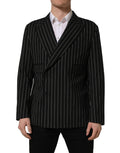 Dark gray Dolce & Gabbana wool double-breasted jacket with striped pattern, tailored fit, and classic lapel design.