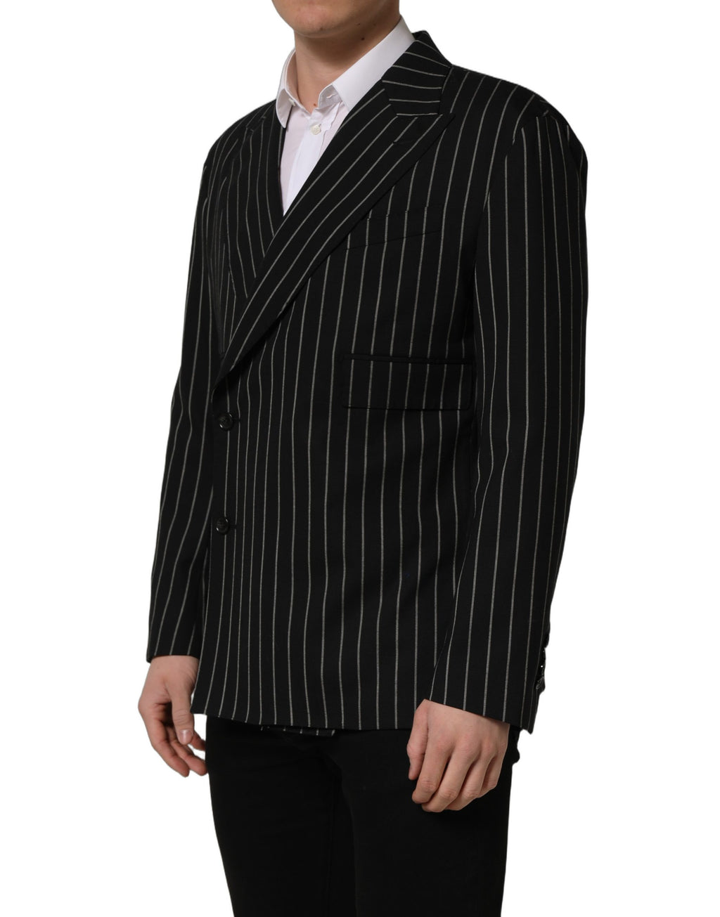 Dark gray wool double-breasted jacket from Dolce & Gabbana with subtle stripe pattern, tailored fit, and classic lapel design.