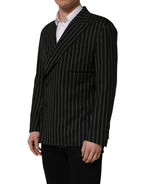 Dark gray wool double-breasted jacket from Dolce & Gabbana with subtle stripe pattern, tailored fit, and classic lapel design.