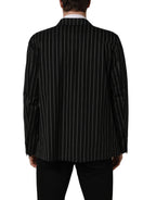 Dark gray wool double-breasted jacket with subtle stripes by Dolce & Gabbana, tailored for a sophisticated look.