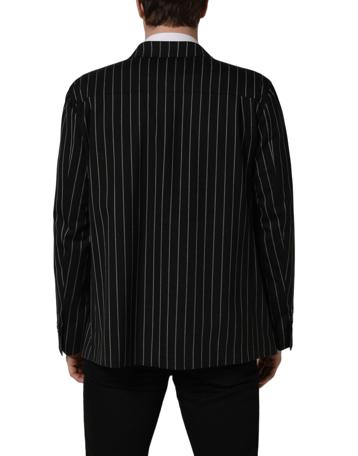 Dark gray wool double-breasted jacket with subtle stripes by Dolce & Gabbana, tailored for a sophisticated look.