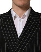 Dark gray striped wool double-breasted jacket by Dolce & Gabbana, featuring classic lapels and button closures.