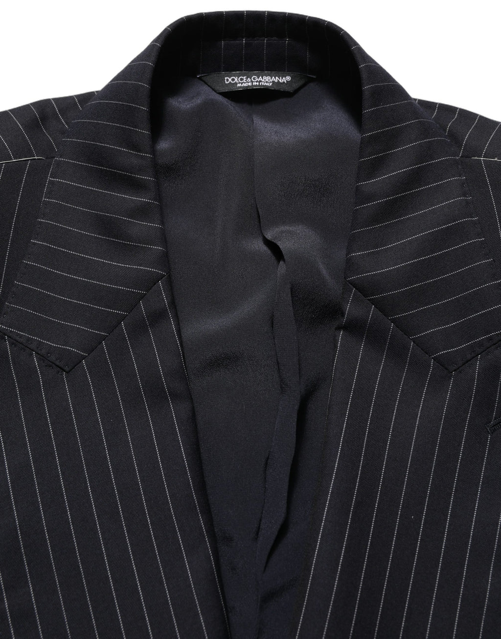 Dark gray wool double-breasted jacket with navy stripes by Dolce & Gabbana, tailored fit with classic lapels and button details.