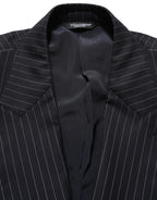 Dark gray wool double-breasted jacket with navy stripes by Dolce & Gabbana, tailored fit with classic lapels and button details.