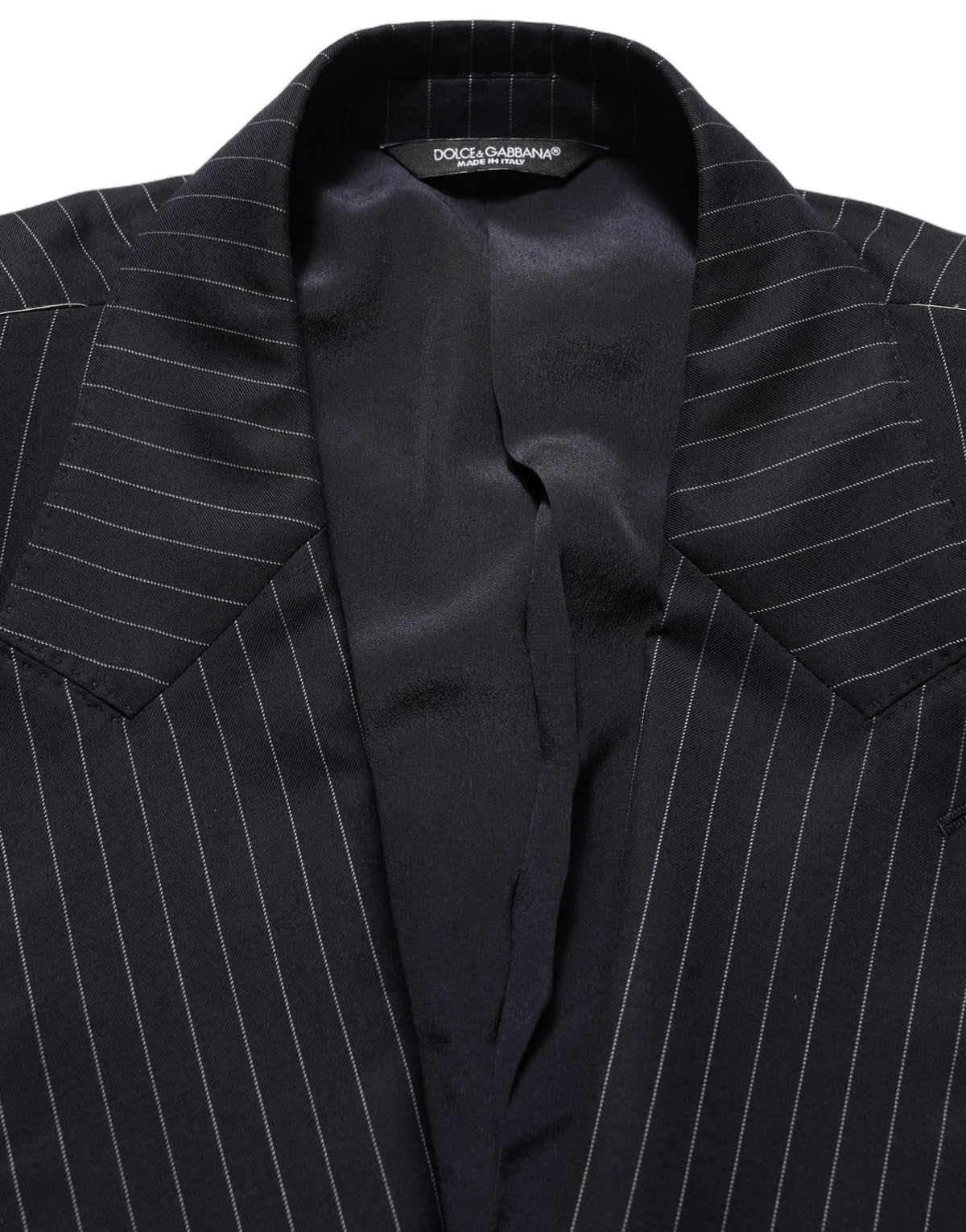 Dark gray wool double-breasted jacket with navy stripes by Dolce & Gabbana, tailored fit with classic lapels and button details.