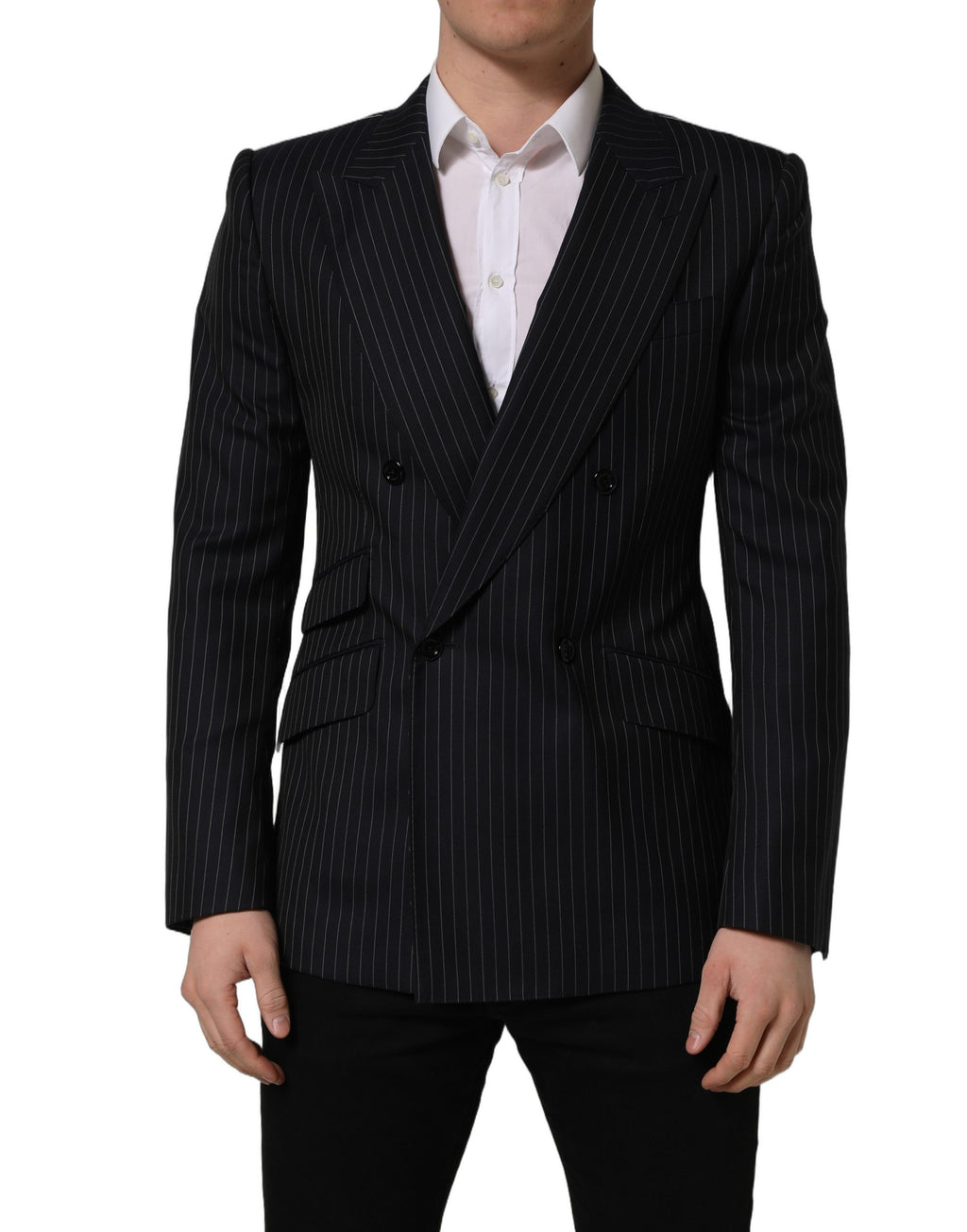 Dark gray wool double-breasted jacket by Dolce & Gabbana with vertical stripe pattern, tailored fit, and classic lapel details.