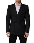 Dark gray wool double-breasted jacket by Dolce & Gabbana with vertical stripe pattern, tailored fit, and classic lapel details.