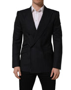 Dark gray wool double-breasted jacket by Dolce & Gabbana with vertical stripe pattern, tailored fit, and classic lapel details.