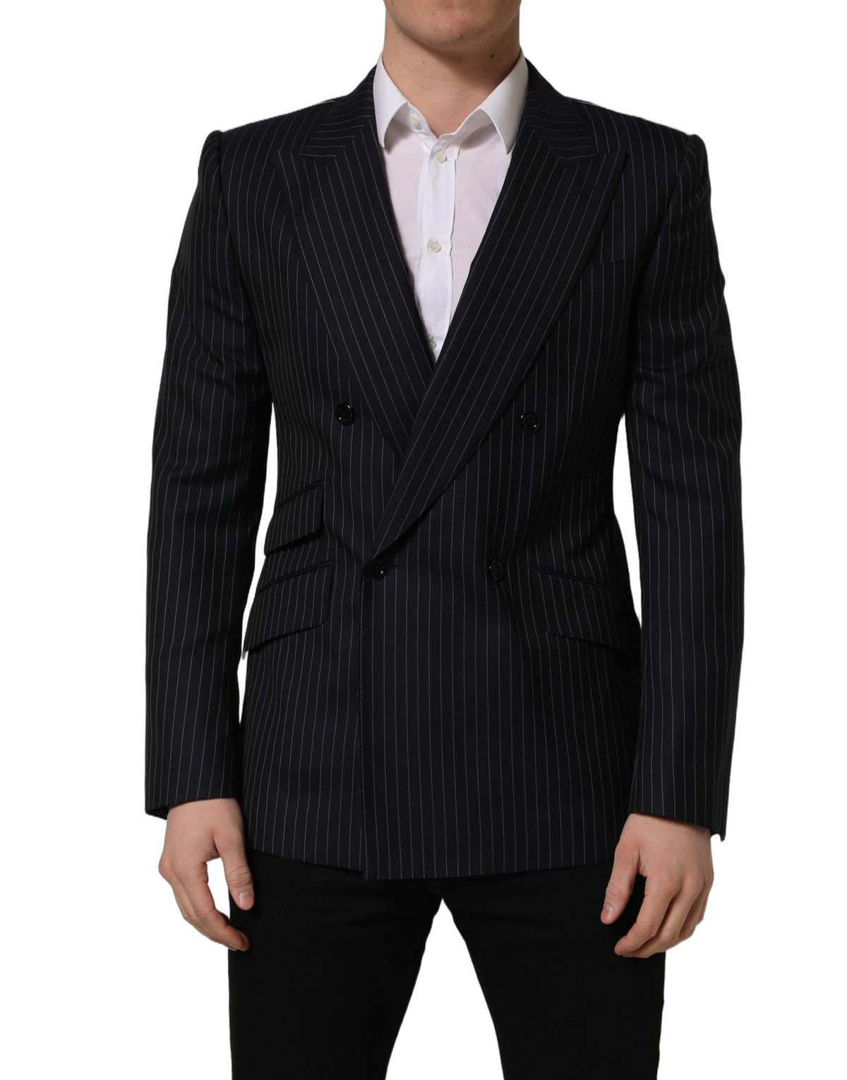 Dark gray wool double-breasted jacket by Dolce & Gabbana with vertical stripe pattern, tailored fit, and classic lapel details.