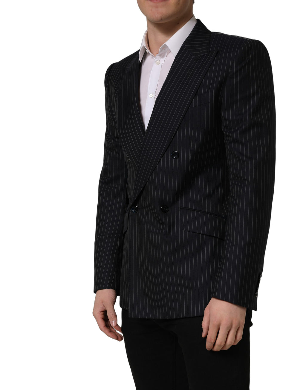 Dark gray striped wool double-breasted jacket by Dolce & Gabbana, tailored fit with classic lapel and button closure.