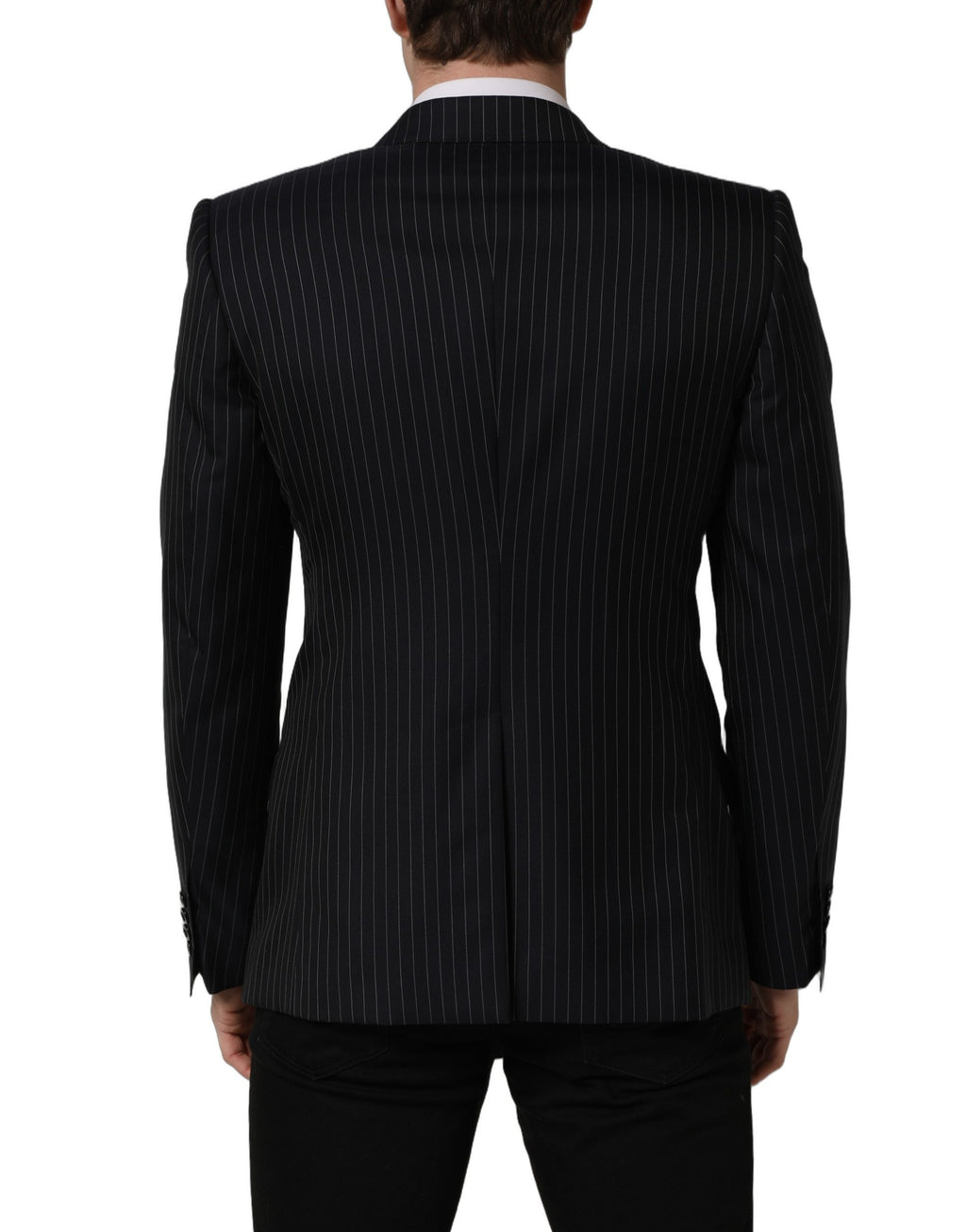 Dark gray wool double-breasted jacket by Dolce & Gabbana with stylish stripe pattern and tailored fit.