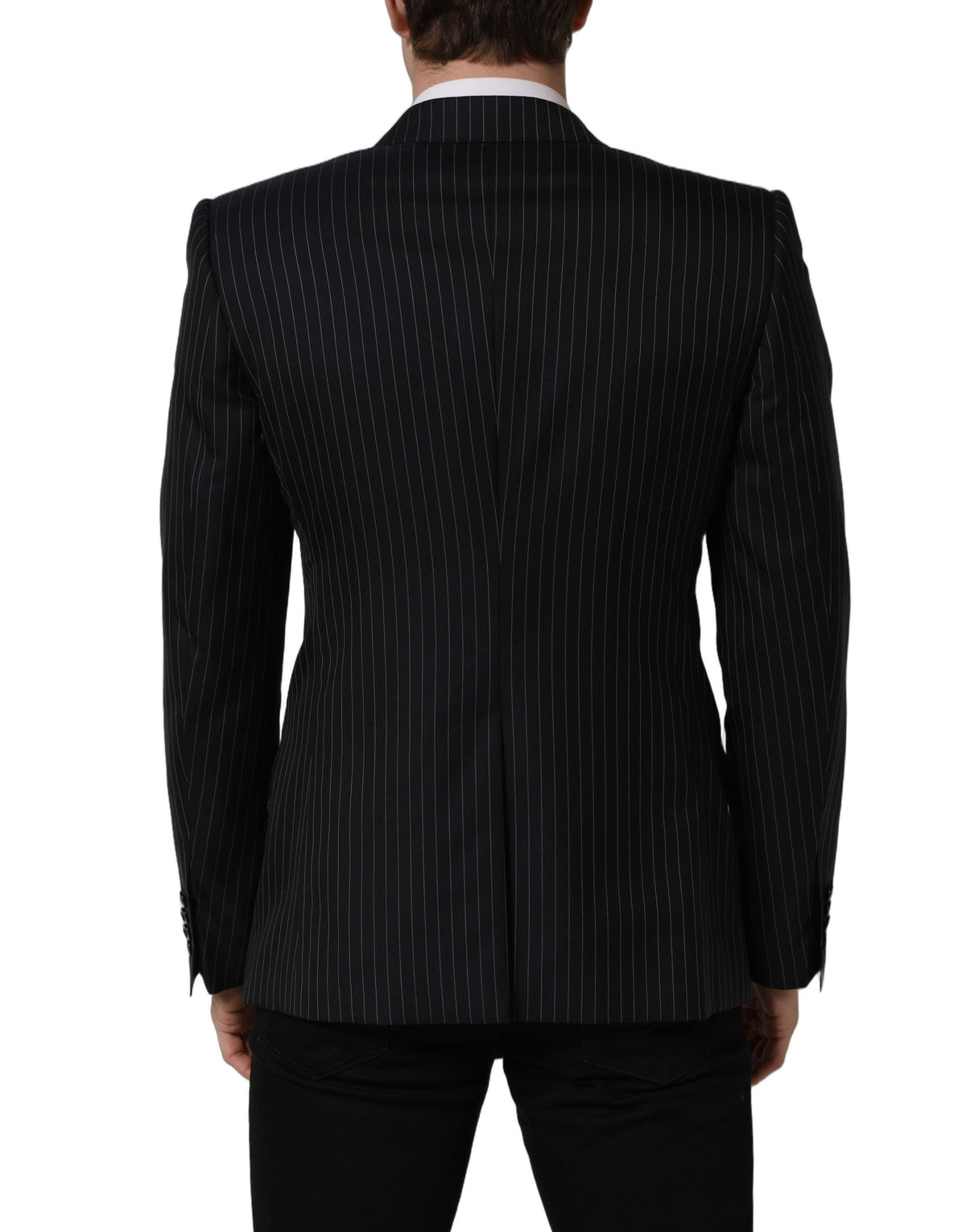 Dark gray wool double-breasted jacket by Dolce & Gabbana with stylish stripe pattern and tailored fit.