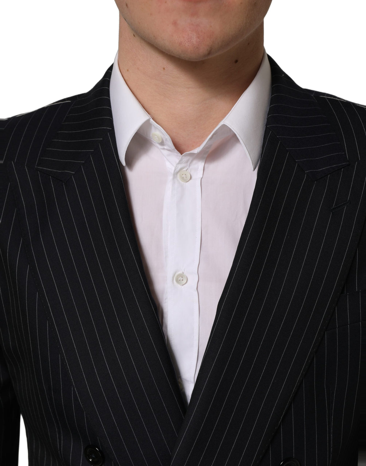 Dark gray striped wool double-breasted jacket by Dolce & Gabbana, tailored fit with lapels and button closure.