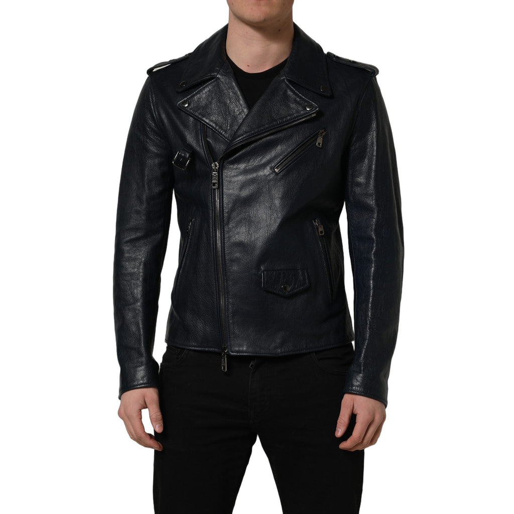 Dolce & Gabbana Black Leather Men Biker Coat Goatskin Jacket