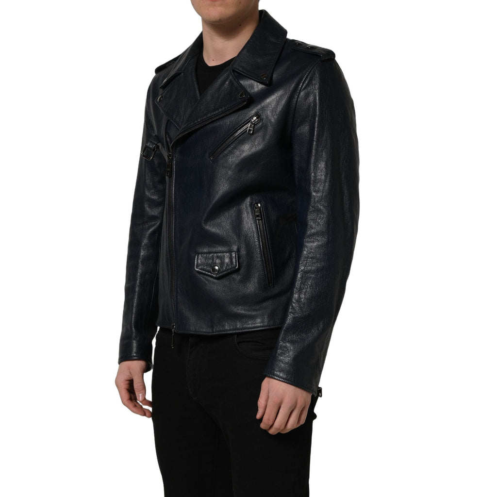Dolce & Gabbana Black Leather Men Biker Coat Goatskin Jacket