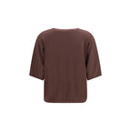 Purple Brunello Cucinelli cashmere sweater displayed on a hanger, showcasing soft knit fabric and classic design.