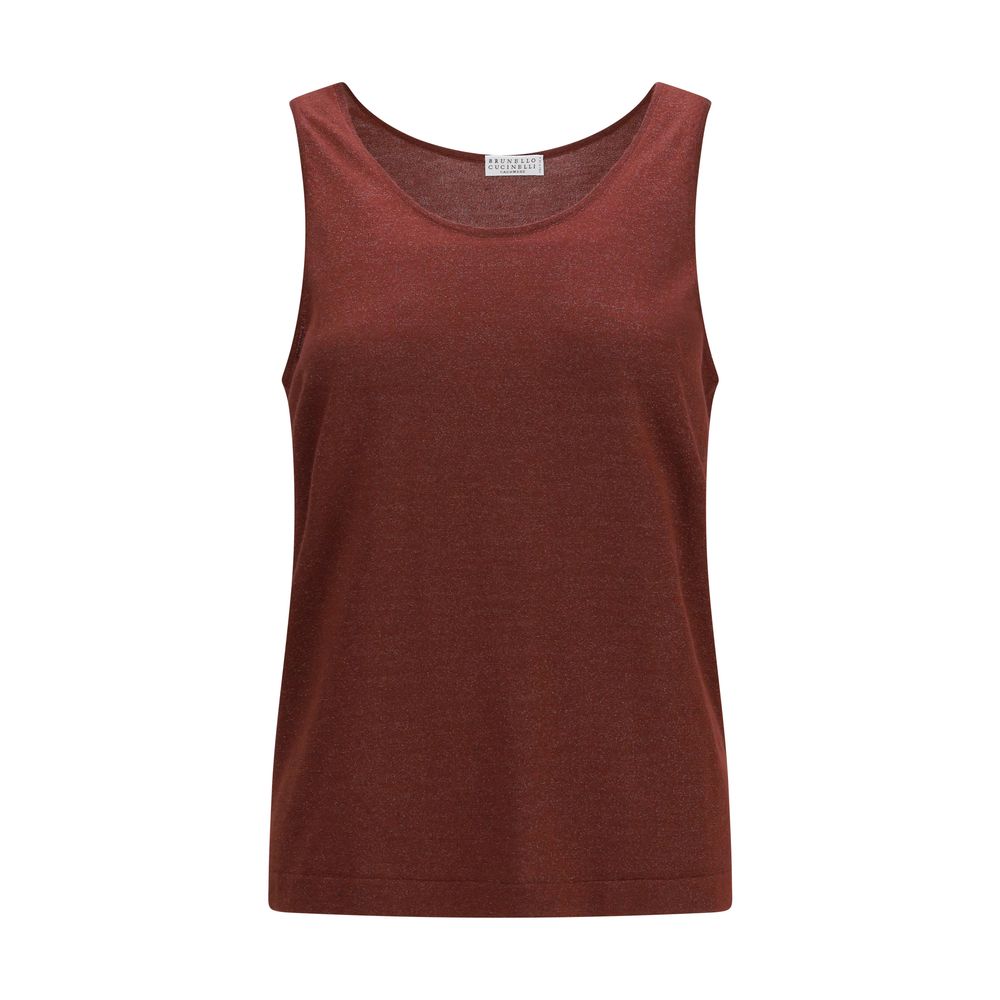 Red Brunello Cucinelli cashmere tank top displayed on a model, showcasing soft, luxurious knit fabric and classic sleeveless design.