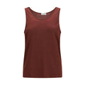 Red Brunello Cucinelli cashmere tank top displayed on a model, showcasing soft, luxurious knit fabric and classic sleeveless design.