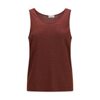 Red Brunello Cucinelli cashmere tank top displayed on a model, showcasing soft, luxurious knit fabric and classic sleeveless design.