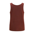 Red Brunello Cucinelli cashmere tank top displayed on a mannequin, highlighting soft fabric and sleek design.