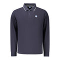 North Sails blue cotton men's polo shirt displayed on a hanger, showcasing the classic collar and short sleeves.