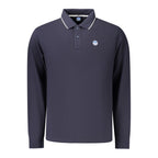 North Sails blue cotton men's polo shirt displayed on a hanger, showcasing the classic collar and short sleeves.